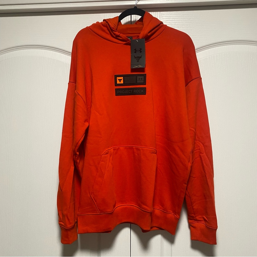 Under Armour x Project Rock Veterans Day Heavyweight Hoodie Orange Black Sz L
